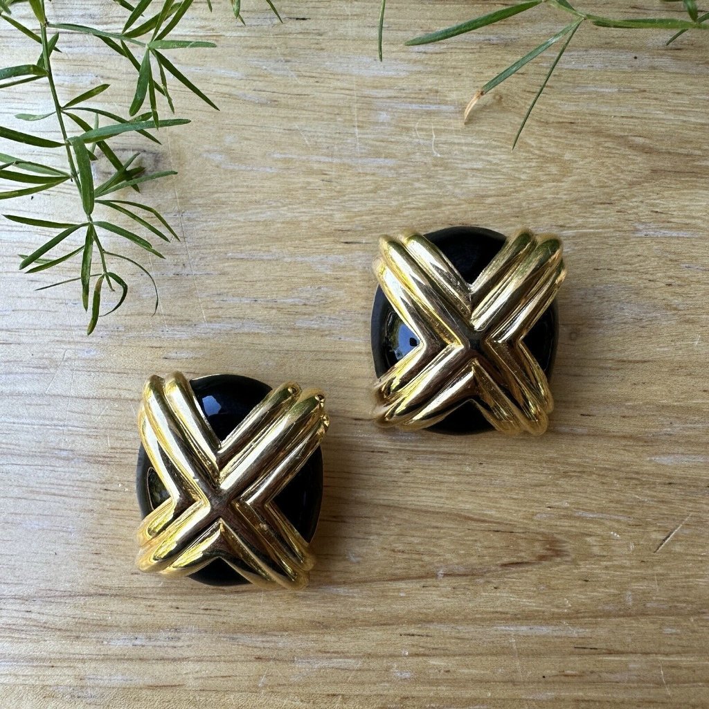 Vintage St John Earrings 1 Inch Black Enamel Gold Tone Clip On Signed Retro